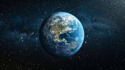 Naklejka premium A high-resolution image of Earth as a globe, featuring realistic terrain and ocean textures, set against a background of stars to convey the planet's place in the universe.