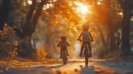 mom teaches ittle child ride bike summer road park sunset. happy family concept.