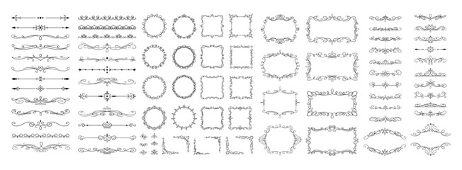 Fototapeta premium Vintage frames with corners and dividers flat vector elements set. Decorative borders with swirls old-fashioned design collection