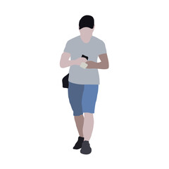 A man walks down the street in summer clothes. 2D image to use as entourage. Flat city vector infographic. Vector image of a running young man. Silhouette of a man in a sports uniform