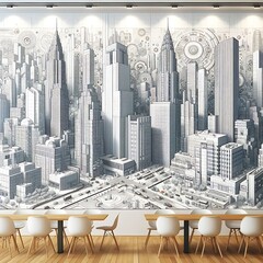 A room style interior set design with a drawing of a city and a long table informative Vibrant optimized.