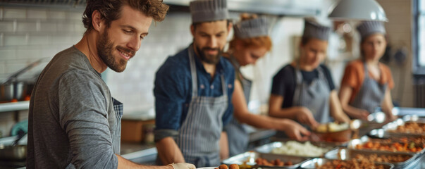 A group of coworkers volunteering at a local soup kitchen, serving meals with warmth and compassion.