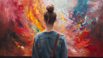 Fototapeta premium Woman Captivated by Magnificent Art Piece Awe and Human Emotions Concept with Vibrant Abstract Background