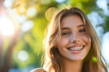 Obraz premium A radiant young woman with braces smiling in the sunlight amidst lush greenery, conveying a sense of joy and beauty.Promoting orthodontic services,natural beauty,the benefits of spending time outdoors