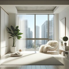 A room style interior set design with a large window and A chair and poster mockup and a rug.