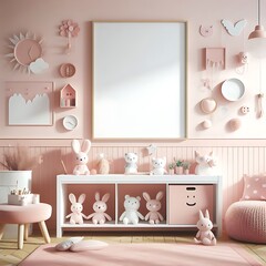 A pink room with a white shelf and stuffed animals informative unique engaging creative.