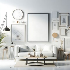 A living room style interior set design with a mockup poster empty white and with a couch and a coffee table Vibrant creative optimized Vibrant creative.