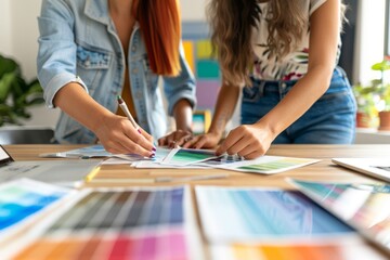 Fototapeta premium women choosing colors for home decoration, interior design, home improvement, renovation
