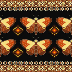 ฺButterfly with geometric Pixel Art Seamless Pattern.Vector design for fabric, carpet, clothing, embroidery, wallpaper, and background