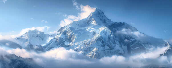 A snow-capped mountain peak piercing the clouds, its slopes covered in a blanket of fresh snow.