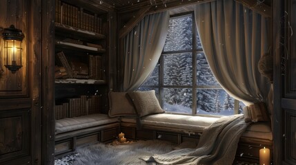 cozy winter nook with a built-in bench, thick curtains, and soft, warm throws for snuggling up with a good book during the cold months