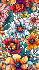 Seamless pattern of colored flowers