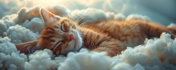 A heartwarming and adorable photography of a cute cat peacefully sleeping on a fluffy cloud, radiating pure serenity and comfort