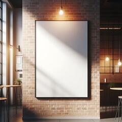 A room style interior set design with a brick wall and Modern commercial building interior with A large blank white screen poster informative Vibrant.