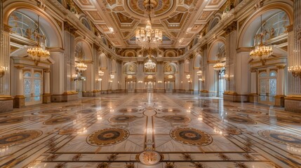 Fototapeta premium grand ballroom with a high ornate ceiling, intricate floor inlays, and opulent crystal chandeliers for hosting spectacular events