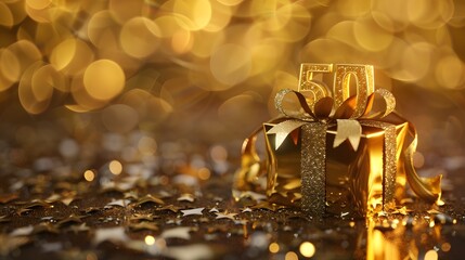 50th Anniversary celebration. Number in the form of golden balloons. Realistic 3d gold numbers and sparkling confetti, serpentine. Horizontal template for Birthday or wedding event. Vector