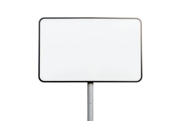 Blank rectangular white sign with a black border on a metal pole isolated on transparent background. ready for custom text or design.