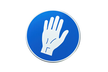 Obraz premium Blue circular stop sign with a white hand symbol indicating no entry or restriction, isolated on a transparent background.