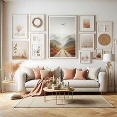 A living room style interior set design with a mockup poster empty white and with a couch and pictures on the wall Vibrant engaging informative.