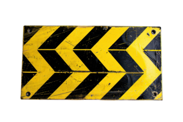 Close-up of a worn yellow and black traffic sign with arrows indicating direction, isolated on transparent background.