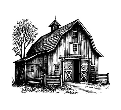 recommend clip art: barn hand drawn vector vintage illustration