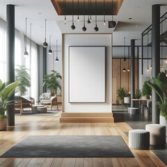 A room style interior set design with Modern commercial building interior with A large blank white screen frame and plants creative Vibrant creative.