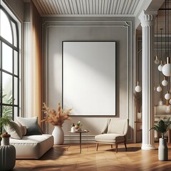 A room style interior set design with Modern commercial building interior with A large blank white screen frame creative unique Artistic.