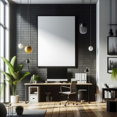 A room style interior set design with Modern commercial building interior with A large blank white screen frame on the wall creative engaging professional.