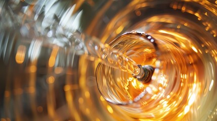 Close-up of a liquid being poured into a glass, creating spiral patterns and reflections with a warm amber glow.
