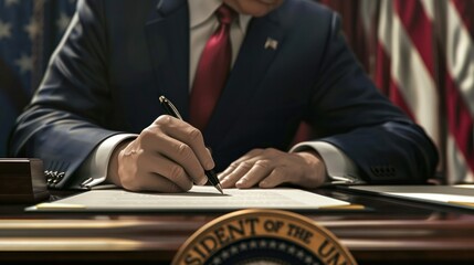 Close-up of a man signing an official document at a wooden desk with a seal, symbolizing authority and governance in a formal setting.