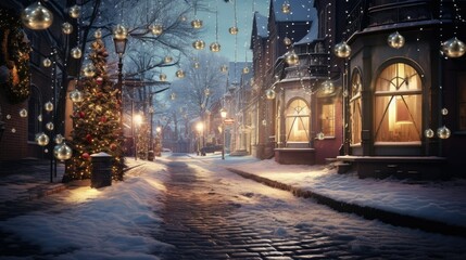 Christmas lights reflecting on a snowy street