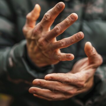 Close-up of expressive hands in gesture, highlighting emotions and communication in a candid moment with blurred background.