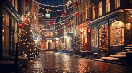 Christmas lights reflecting on a snowy street