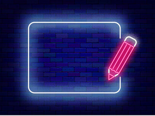 Stationery store neon poster. Back to school. Season special offer invitation. Shiny greeting card. Empty white frame and pencil. Copy space. Glowing banner. Vector stock illustration