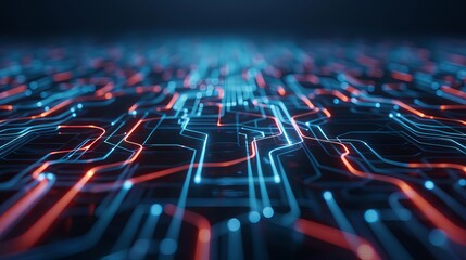 A close-up of a futuristic digital circuit board with glowing blue and red lines representing advanced technology and connectivity.