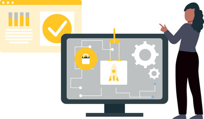 The girl is pointing to the settings on the monitor.