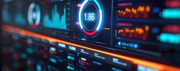 Fototapeta premium Closeup of a futuristic digital dashboard with data visualization and holographic interface in vibrant colors.