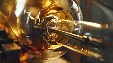 Close-up view of industrial glassblowing process with intense yellow flames shaping molten glass in a furnace, showcasing intricate craftsmanship.