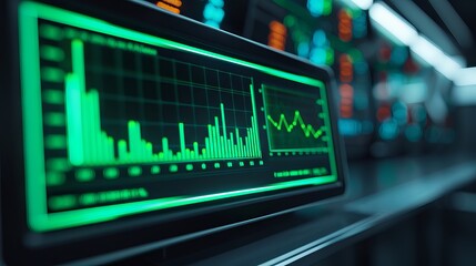 Close-up of an illuminated financial dashboard with graphs and charts, showcasing data and analytics in a futuristic technology environment.