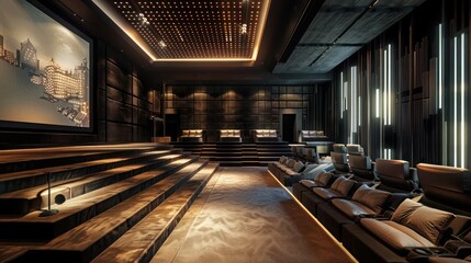 high-end media room with acoustic paneling, plush tiered seating, and a large projection screen for a premium movie experience