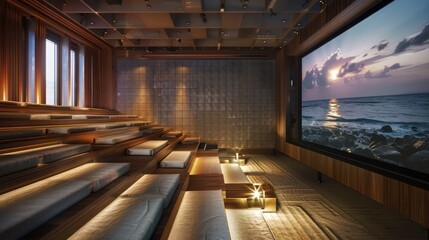 high-end media room with acoustic paneling, plush tiered seating, and a large projection screen for a premium movie experience