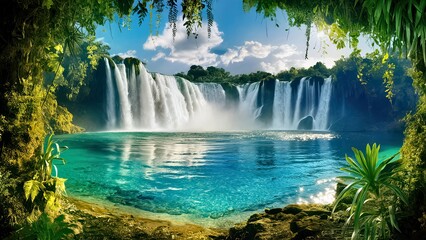 Fototapeta premium Sunlit Waterfall Flowing into a River Surrounded by Green Plants