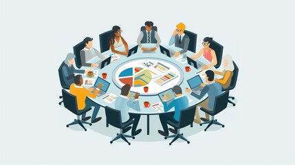 An executive team in a roundtable meeting, analyzing various charts and graphs. The participants are equipped with laptops and documents, engaging in detailed discussion.