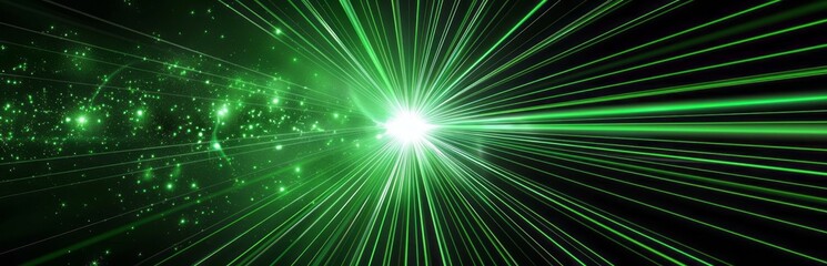 A green laser beam shines in the center of an abstract background, with rays spreading outwards...