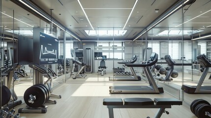 high-tech fitness room with the latest exercise equipment, a wall-mounted TV for workout videos, and mirrored walls to monitor form