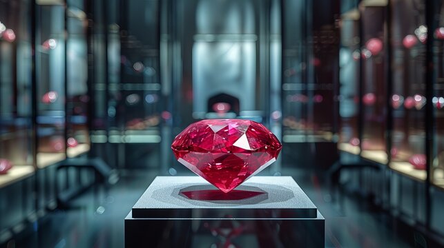 A red diamond ruby worth billions beings showcased at a diamond museum , high security setting and red alert protocols and anti theft management and alarms because there is a threat of a robbery