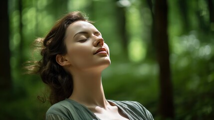 Naklejka premium a relaxed woman, eyes closed, breathing fresh air in a green forest 