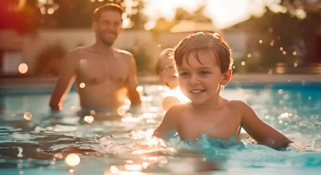 Dad splashing a toddler boy standing at the edge of a pool