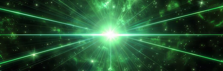 Green laser beam shines amidst abstract background with rays and light effects