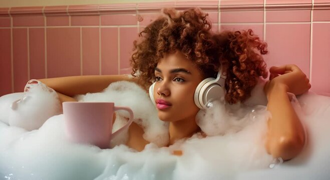 Biracial woman relaxing with a cup of tea and headphones in a bubble bath